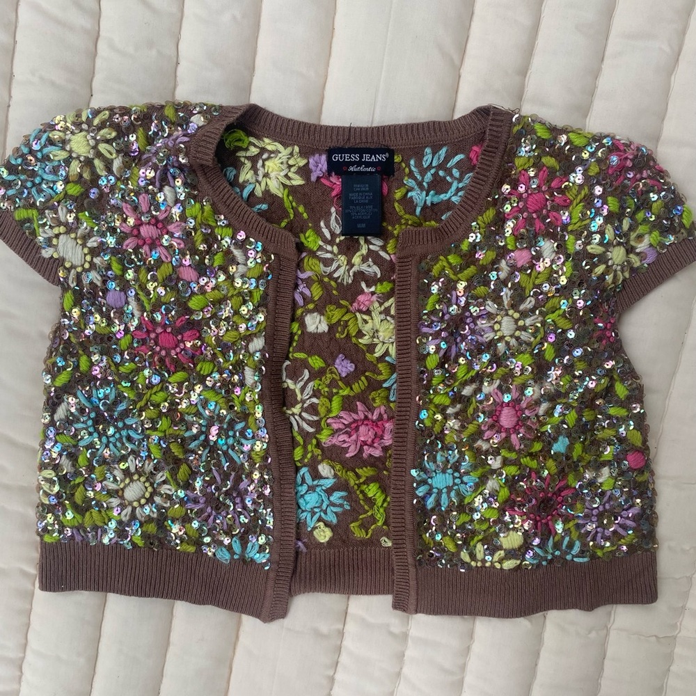Guess Jeans by Marciano Sequin Floral Short Sleeve Cardigan Top Y2K